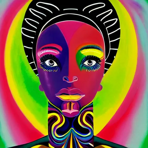 Image similar to closeup portrait of a black woman with yellow eyes and a rainbow background, gouache painting by tomokazu matsuyama, by ed paschke, by agnes pelton, by patrick nagel, behance contest winner, generative art, irridescent, holography, neon, dark art, retrowave, grain, androgynous, black background