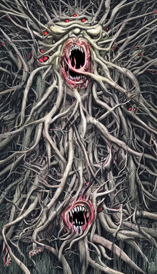 Prompt: a storm vortex made of many demonic eyes and teeth over a forest, by sam spratt