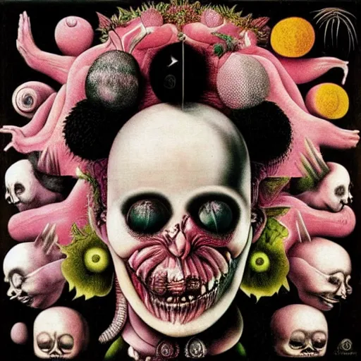 Image similar to post - punk new age album cover, asymmetrical design, yoga, relaxation, magic, apocalypse, psychedelic, black white pink, magic, giger h. r., giuseppe arcimboldo