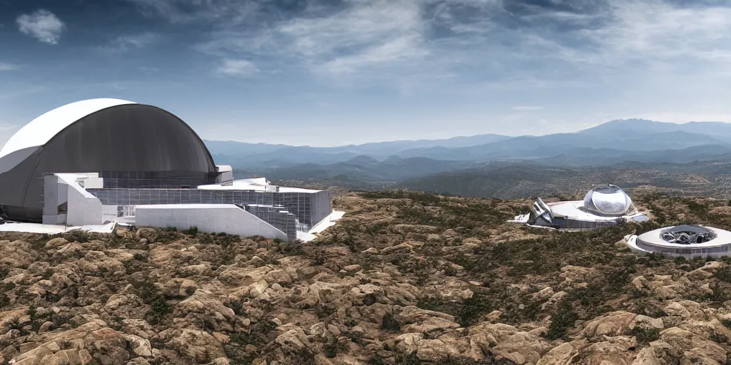 Prompt: Highly realistic arch-viz render of concept art for an ultra-modern Spanish observatory of multiple telescopes scattered across the mountaintop