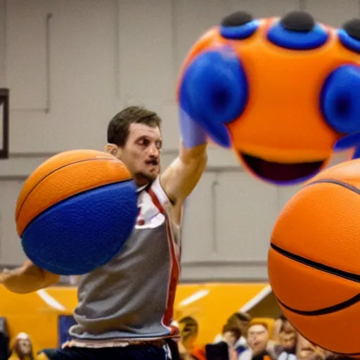 Prompt: a majestic friendly orange monster made of basketballs by pixar consumes a puny winpy cowboy at a basketball court