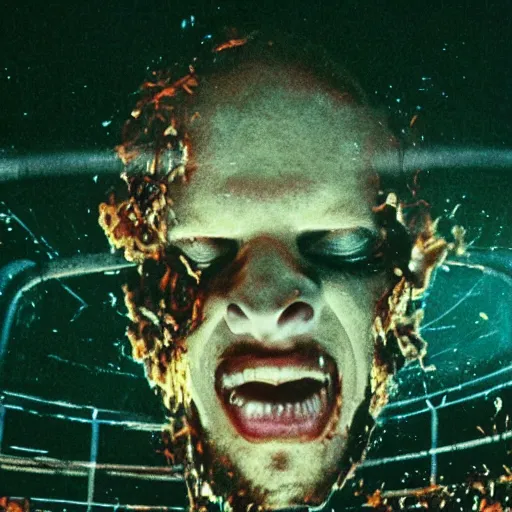 Image similar to filmic extreme realistic wide shot dutch angle movie still 35mm film color photograph of a man's head exploding, in the style of Scanners