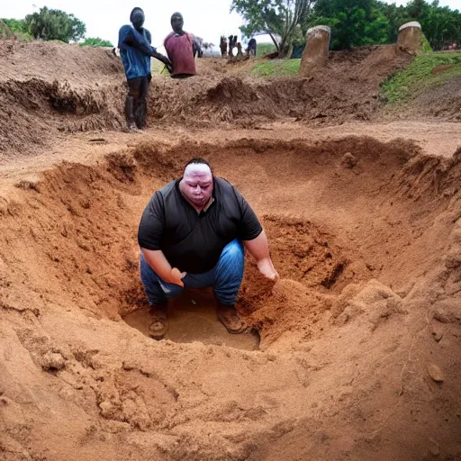 Image similar to a dramatic photo of a fat man who has dug a large hole and discovered the worlds largest yam. he is crying tears of joy.