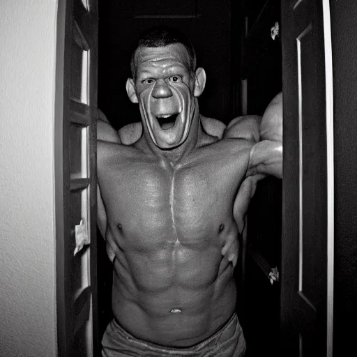 Prompt: grainy photo of john cena as a creepy monster in a closet, harsh flash