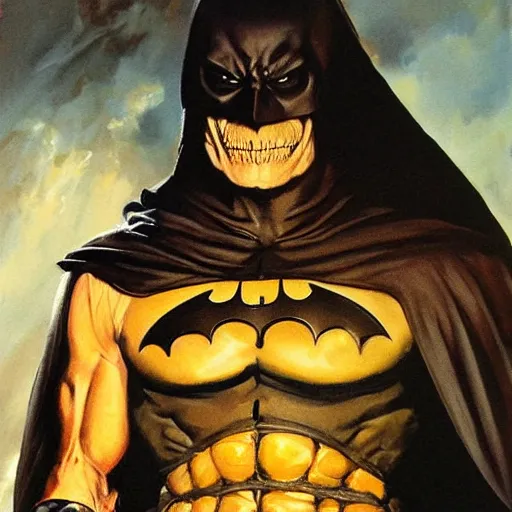 Image similar to ultra realistic portrait painting of skeletor as batman, art by frank frazetta, 4 k, ultra realistic, highly detailed, epic lighting