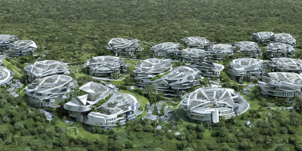 Prompt: futuristic eco-village with high diversified houses, solarpanels and integrated in nature, opposite of urban sprawl, forte gimenes marcondes ferryz arquitetos detailed, patent drawing style, ray tracing, photo realism