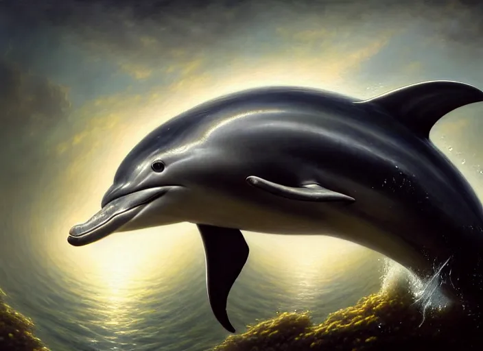 Image similar to wideangle!! portrait shot of a dolphin wearing mideval armor, intricate, elegant, highly detailed, centered, digital painting, artstation, concept art, smooth, sharp focus, illustration, artgerm, tomasz alen kopera, peter mohrbacher, donato giancola, joseph christian leyendecker, wlop, boris vallejo