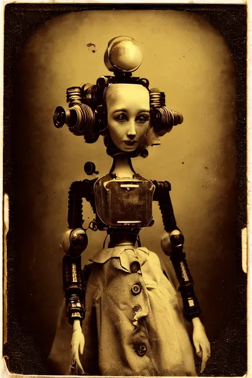 Prompt: tintype vintage photograph portrait of a beautiful female jointed art doll robot, mecha, holding each other, abandoned, broken toys, by agostino arrivabene, by fernand khnopff, by rembrandt, steampunk, by patrick demarchelier, rendered in octane, photography, photorealistic, surreal