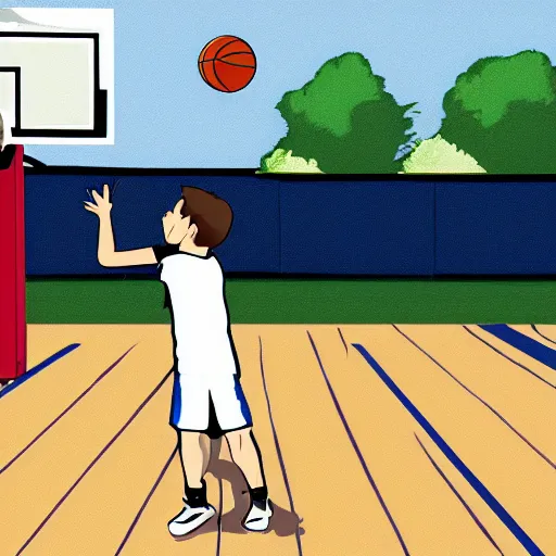 Prompt: a kid shooting a basketball at the basketball court, animation