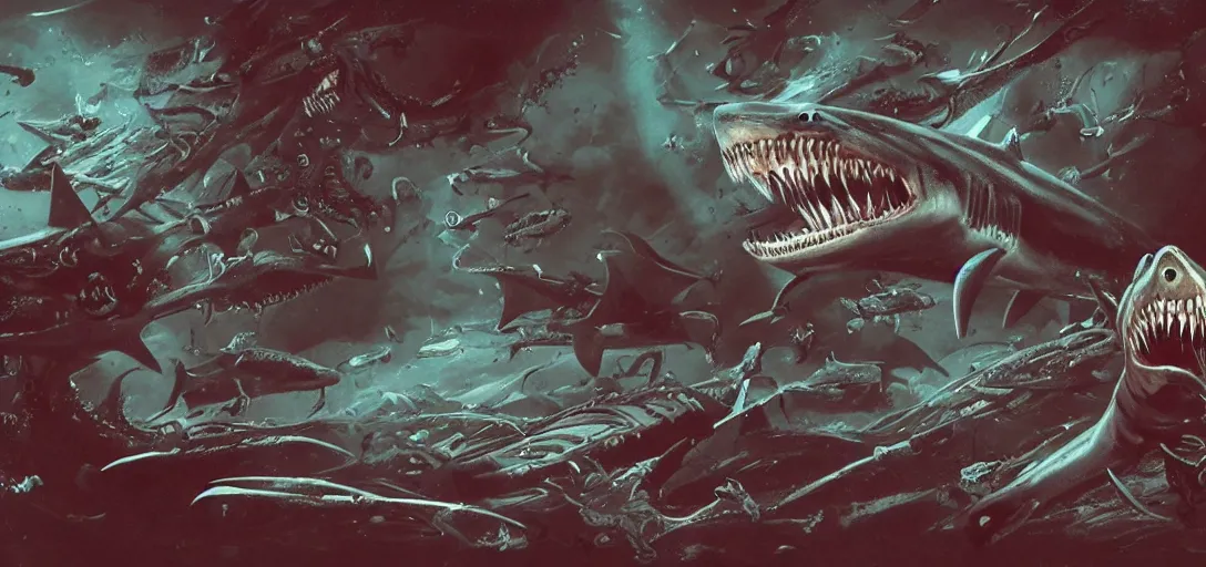 Image similar to concept art of shark attack, lovecraftian, lots of teeth, melting horror, fighting the horrors of the unknown with laser guns