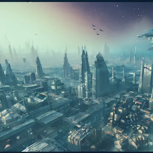 Prompt: city on jupiter, get a bird's - eye view, fantasy, unreal engine, octane, very detail