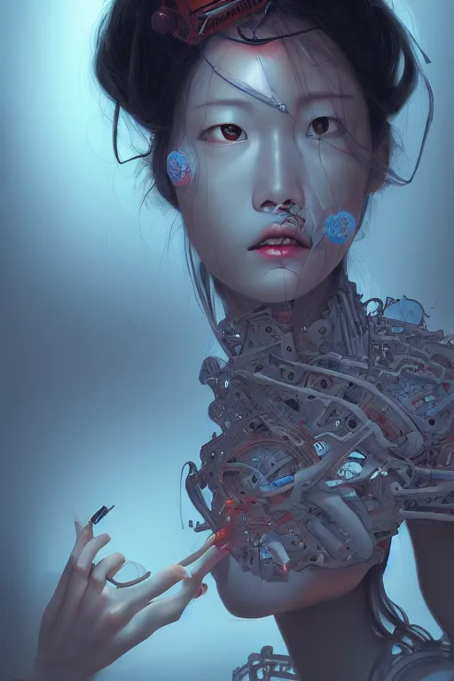 Image similar to hyperrealistic photography of a machine entering a female host in the style of Jin Kagetsu, James Jean and wlop, highly detailed, sharp focus, intricate concept art, digital painting, ambient lighting, 4k, artstation