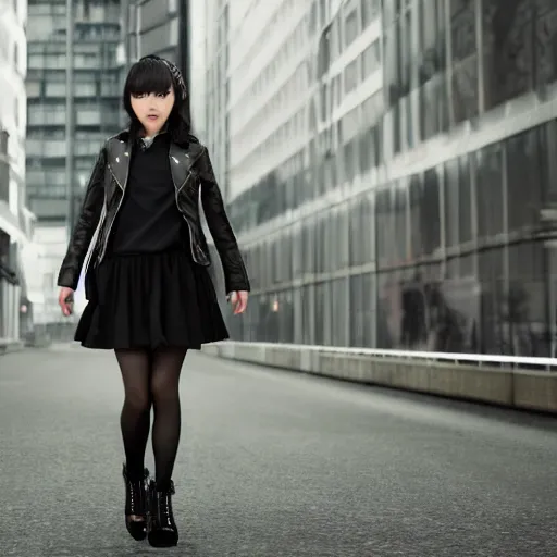 Image similar to a dynamic, epic cinematic 8K HD movie shot of a japanese young J-Pop idol girl wearing leather jacket, miniskirt, nylon tights and high heels boots. Motion, VFX, Inspirational arthouse