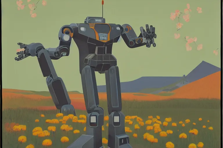 Image similar to giant mecha robot with laser, blooming hills with spring flowers and pillars by helen lundeberg