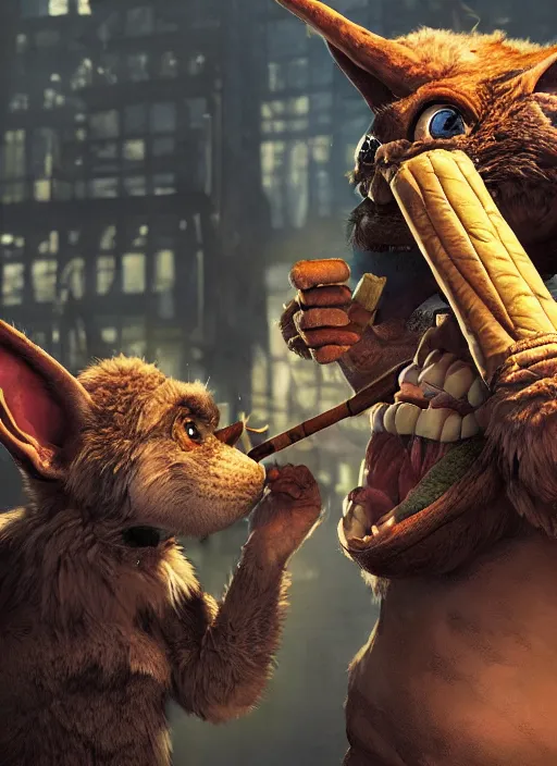 Prompt: pathfinder 2 e illustration of furry goblin smoking a cigar, unreal engine, hyper realism, realistic shading, cinematic composition, realistic render, octane render, detailed textures, photorealistic, wide shot