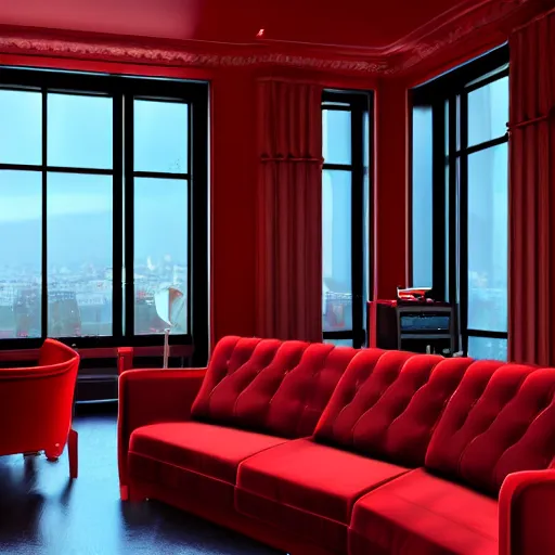 Image similar to A photorealistic music studio, Paris hotel style, red velvet furniture, light rays coming out of the windows, the windows have a view on Paris, raytracing, highly detailed, futuristic, unreal engine 5, photoscanned, photorealistic,