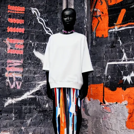 Image similar to very very beautiful dark black marble statue of a woman in the style of virgil abloh, colorful motocross logos on the wall behind her, sharp focus, clear, detailed,, cinematic, detailed, off white, heron preston, matthew williams, acronym, glamourous, symmetrical, vogue, editorial, fashion, magazine shoot, glossy