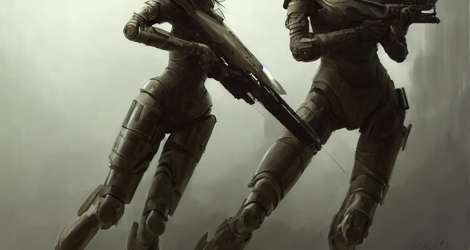 Image similar to a photorealistic painting of an attractive young girl, clothed in stealth-like battle armor, a giant sci-fi sniper rifle, olive skin, long dark hair, beautiful bone structure, symmetrical face, perfect eyes, intricate details, elegant, digital painting, illustration, sharp focus, minimal artifacts, from Metal Gear, in the style of Ruan Jia and Mandy Jurgens and Greg Rutkowski, trending on Artstation, award winning, unreal engine, octane render