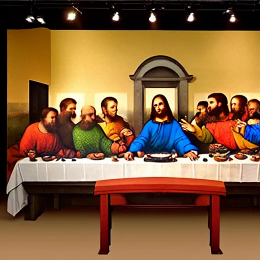 Image similar to in a space technology museum, a futuristic hologram art of The Last Supper by Leonardo Da Vinci