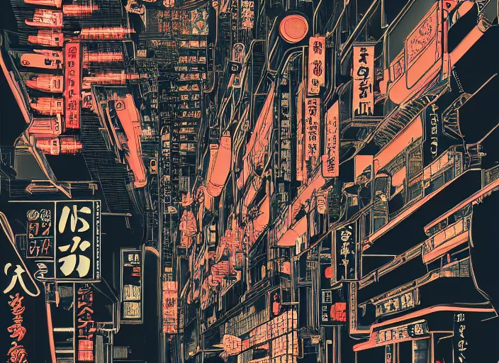 Image similar to futuristic japanese cyberpunk bladerunner silk screen by utagawa yoshiiku, ohara koson, pixiv contest winner, cyberpunk style, cyberpunk color scheme, mechanical, robotic, human machine interface, high resolution, hd, bold clear lines