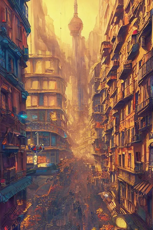 Image similar to insane perspective of colorful street vue from steampunk paris, intricate details, realistic shaded ,, highly detailed, artstation, painting by François Schuiten and moebius, disney fantasy style, volumetric light, neon lights, cinematic mood