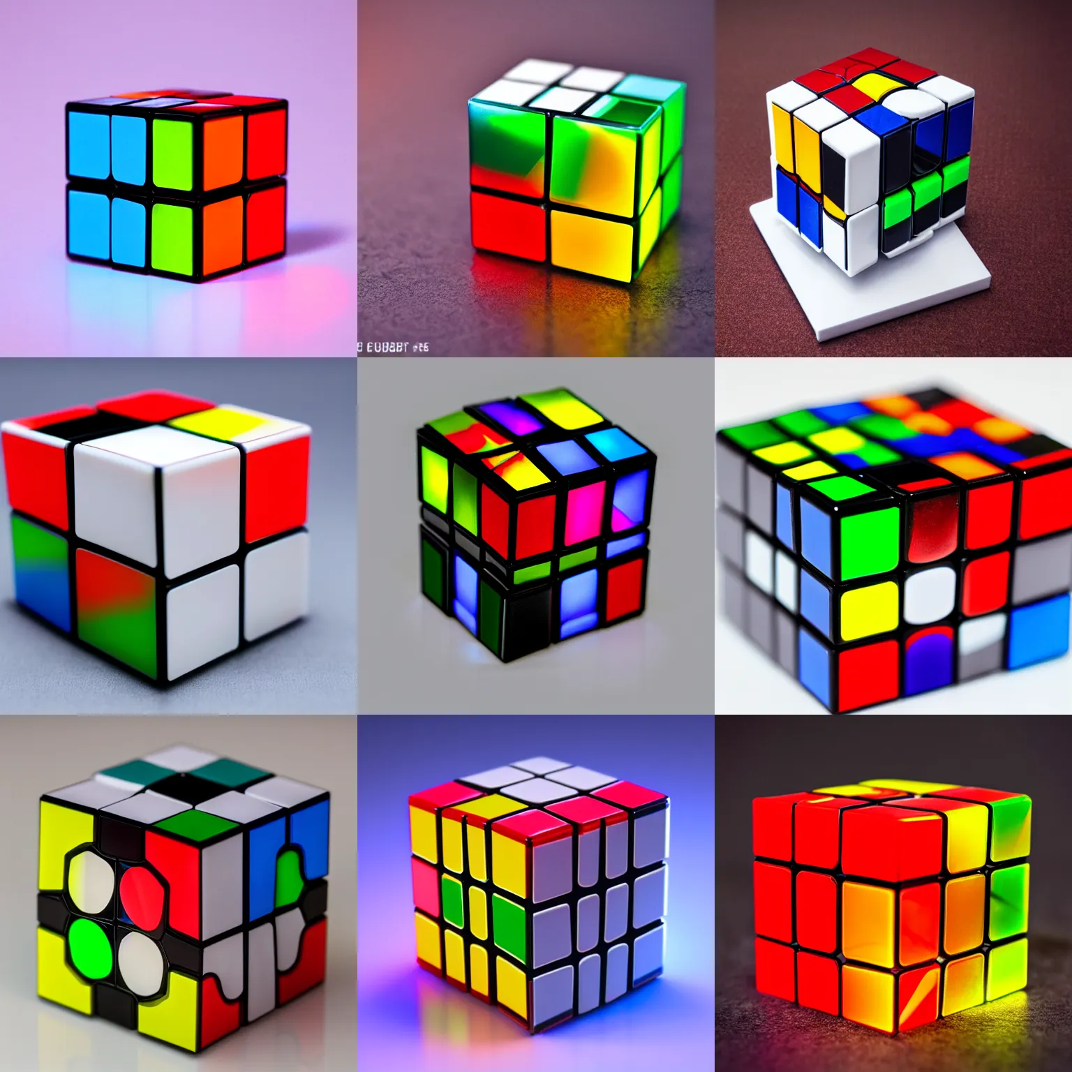 Prompt: a translucent rubik's cube, the innerworkings are visible, white back light, white environment, dslr, photorealistic