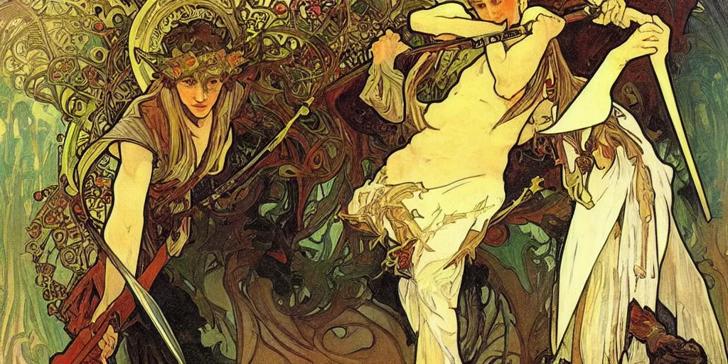 Image similar to An elf prince with a sword ,alphonse mucha