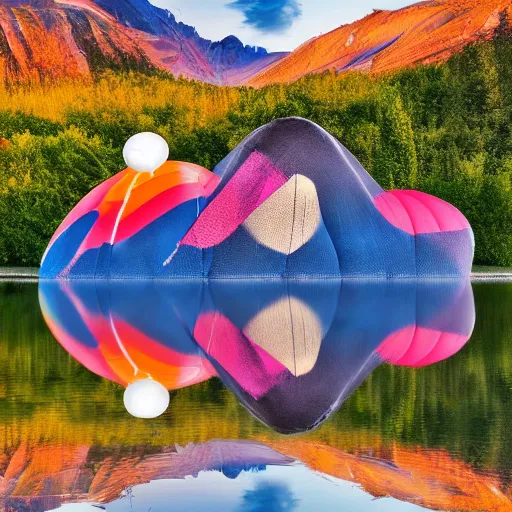 Image similar to photo of two black swans touching heads in a beautiful reflective mountain lake, a colorful hot air balloon is flying above the swans, hot air balloon, intricate, 8k highly professionally detailed, HDR, CGsociety