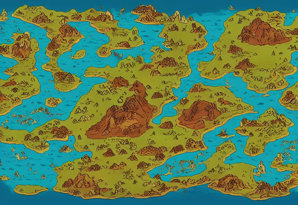 Prompt: fantasy world map, full colour, modern graphic design, video game, gouache, animated film, stylised, illustration, by eyvind earle, scott wills, genndy tartakovski,