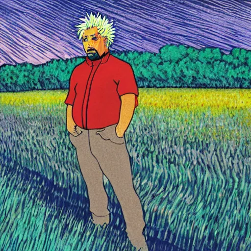 Image similar to sad ominous painting of guy fieri sitting in a field at night, in the style of studio ghibli and moebius and claude monet and vincent van gogh