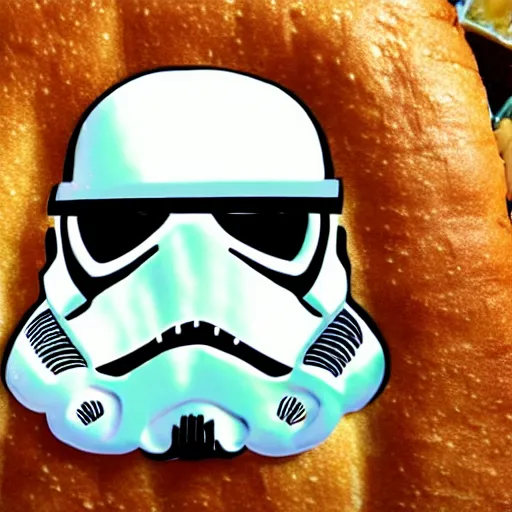 Image similar to detailed portrait of a storm trooper holding a long sandwich, extremely detailed and intricate, 8 k illustration