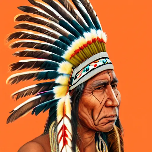 Image similar to painting portrait of a native american wearing a eagle feather headdress, artstation, ultra detailed, tinted brown