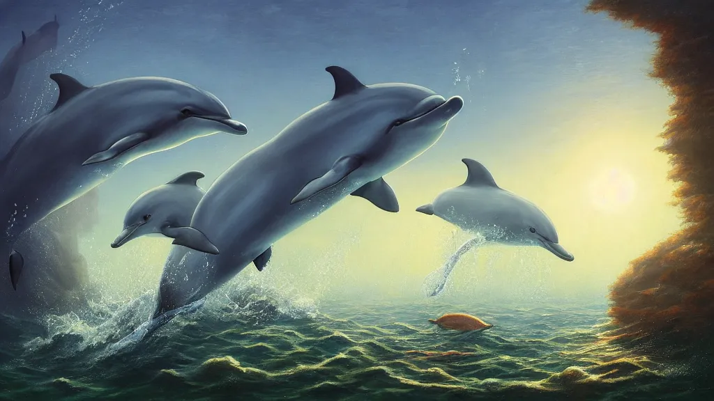 Prompt: dolphins swimming underwater, harmony, peaceful, amazing, by andreas rocha and john howe, and Martin Johnson Heade, featured on artstation, featured on behance, golden ratio, ultrawide angle, f32, well composed