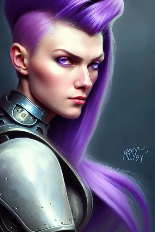 Prompt: alexey gurylev, close up portrait, pale woman in power armor with purple ponytail hair, mysterious, deep focus, d & d, fantasy, complex, elegant, highly detailed, digital painting, artstation, concept art, matte, clear focus, illustration, hearthstone, artgerm art, greg rutkovsky and alphonse mucha