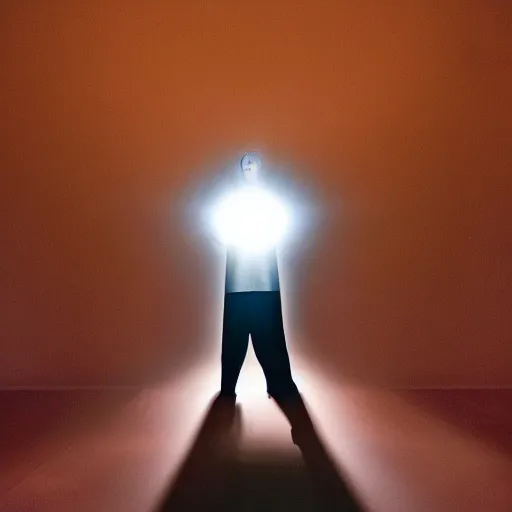 Prompt: phot of a giant man with a spotlight for a head