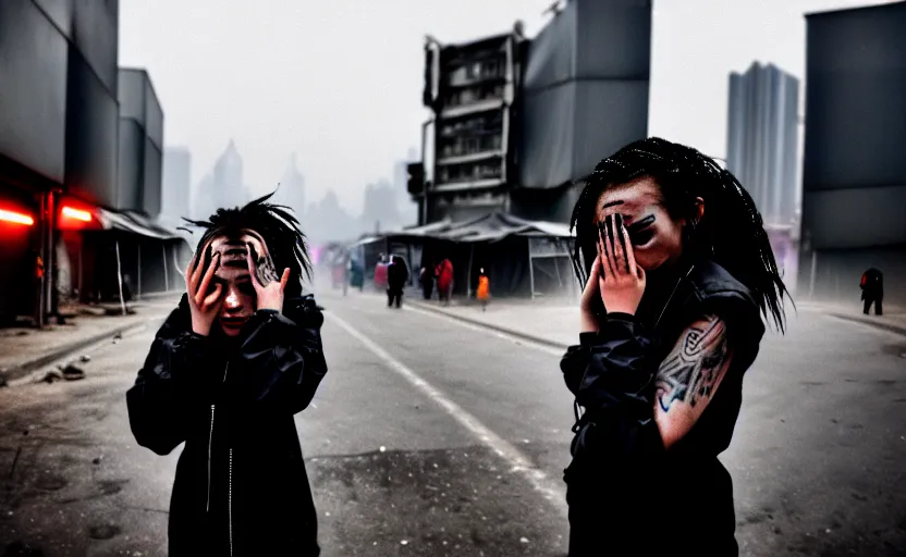 Image similar to Cinestill 50d candid photography of a city on fire, extreme wide shot of a poor techwear mixed woman wearing thick mascara and makeup crying outside of a futuristic city on fire, cyberpunk, tattoos, homeless tents on the side of the road, extreme long shot, desaturated, full shot, blurry, 4k, 8k, hd, full color