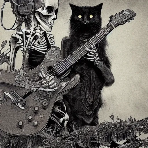 Image similar to skeleton wearing headphones, watching girl playing guitar while her black cat standing next to her, detailed intricate ink illustration, dark atmosphere, detailed illustration, hd, 4k, digital art, overdetailed art, by greg rutkowski, by loish, complementing colors, Trending on artstation