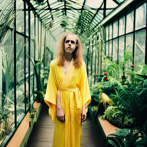 Prompt: Medium format photograph of an elegant woman that look like Brit Marling wearing a yellow kimono in a tropical greenhouse, bokeh