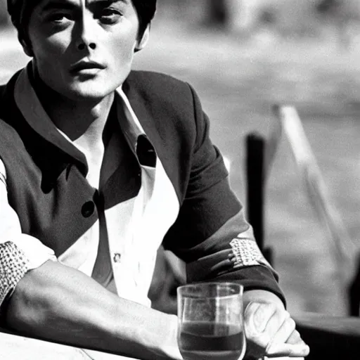 Image similar to alain delon drinking in the sun, in plein soleil ( 1 9 6 0 )