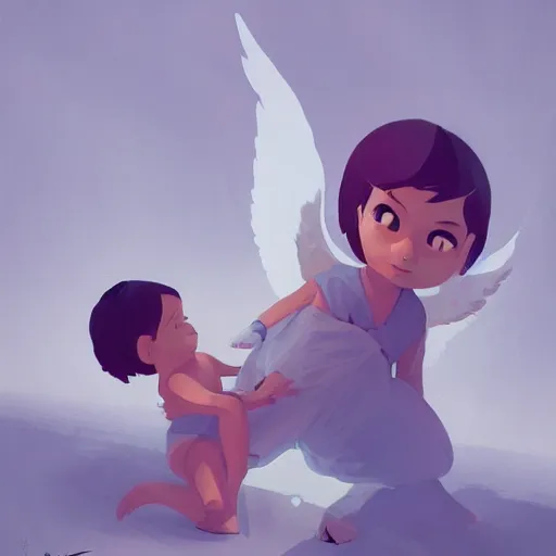 Image similar to Angel protecting child by james gilleard, very detailed, deviantart, artstation