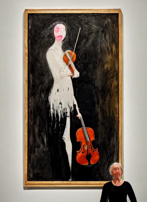 Prompt: woman standing with violin down painted by vincent lefevre and hernan bas and pat steir and hilma af klint, psychological, photorealistic, symmetrical face, dripping paint, washy brush, rendered in octane, altermodern, masterpiece