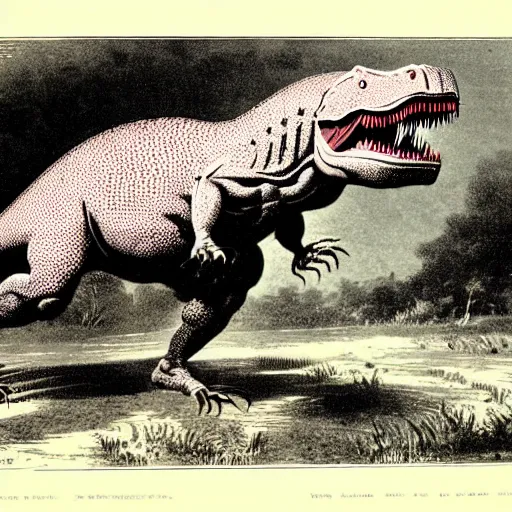 Image similar to antique lithograph from 1 9 0 0 of mr t as a tyrannosaurus rex, running in a field