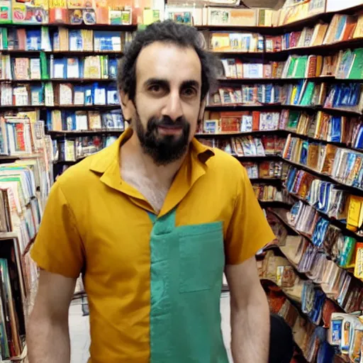 Image similar to Italian/Irish guy in kurta as a cashier in the bookstore at a Hindu ashram