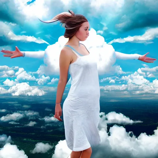 Image similar to goddess wearing a cloud fashion on the clouds, photoshop, colossal, creative, giant, digital art, photo manipulation, clouds, sky view from the airplane window, covered in clouds, girl clouds, on clouds, covered by clouds, a plane