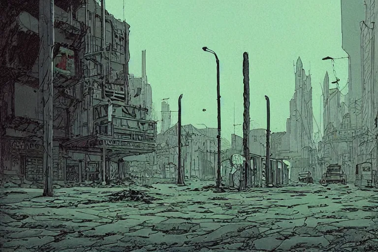 Prompt: bus stop at silent dark city, post apocalyptic city street by Moebius