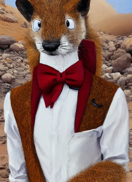 Prompt: Character portrait of a happy furry cartoon anthro stoat wearing a white_dress_shirt, tan_vest, red_bowtie, and black_slacks in the desert wilderness, intricate, elegant, highly detailed, digital painting, artstation, concept art, smooth, sharp focus, illustration, art by Krenz Cushart and Artem Demura and alphonse mucha