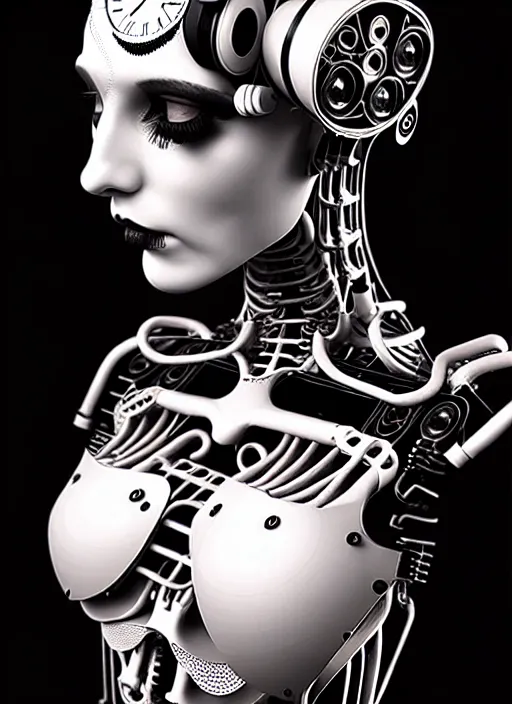 Image similar to 1 9 3 0 black and white gothic masterpiece profile face portrait, one steampunk eye biomechanical beautiful young female cyborg - robot, body ribs meshes, big monocular, volumetric light, hibiscus flowers, by hg giger, rim light, big gothic fashion pearl embroidered collar, 8 k