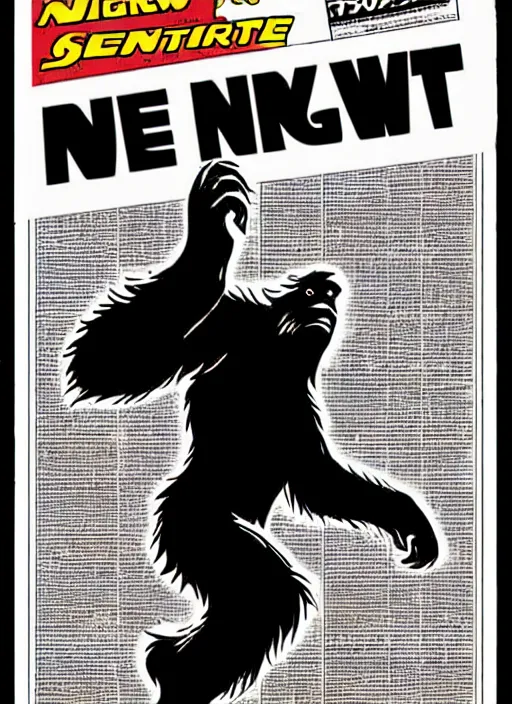 Prompt: bigfoot in retro sci fi pulp newsprint illustration cover