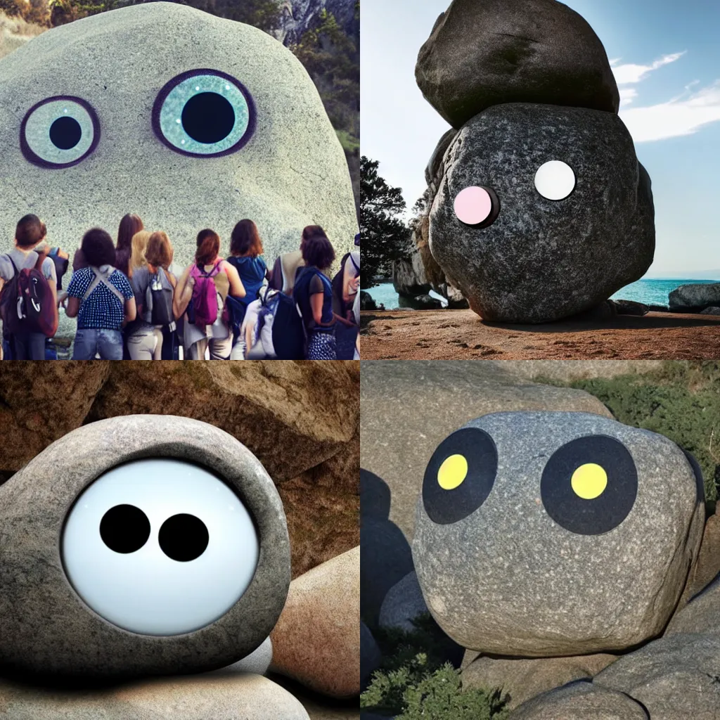 Prompt: a giant rock with googly eyes staring down at a group of people, cinematic, beautiful, serene, haunting,