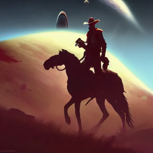 Image similar to No man's sky Gunslinger cowboy digital art in the style of Greg Rutkowski and Craig Mullins, 4k